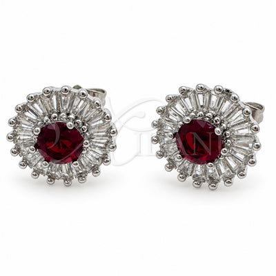 White Gold Filled Stud Earring, Cluster and Baguette Design, with Garnet and White Cubic Zirconia, Polished, Rhodium Finish, 02.344.0174.1