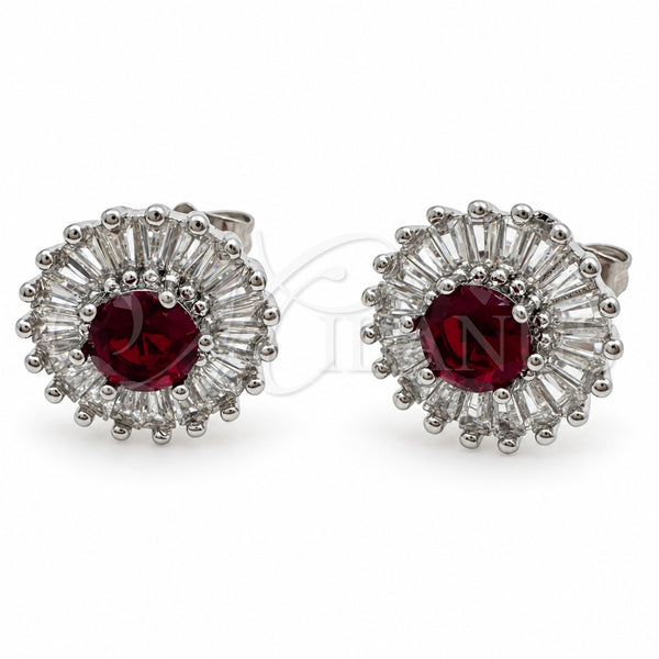 White Gold Filled Stud Earring, Cluster and Baguette Design, with Garnet and White Cubic Zirconia, Polished, Rhodium Finish, 02.344.0174.1