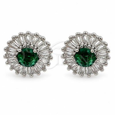White Gold Filled Stud Earring, Cluster and Baguette Design, with Green and White Cubic Zirconia, Polished, Rhodium Finish, 02.344.0174.2