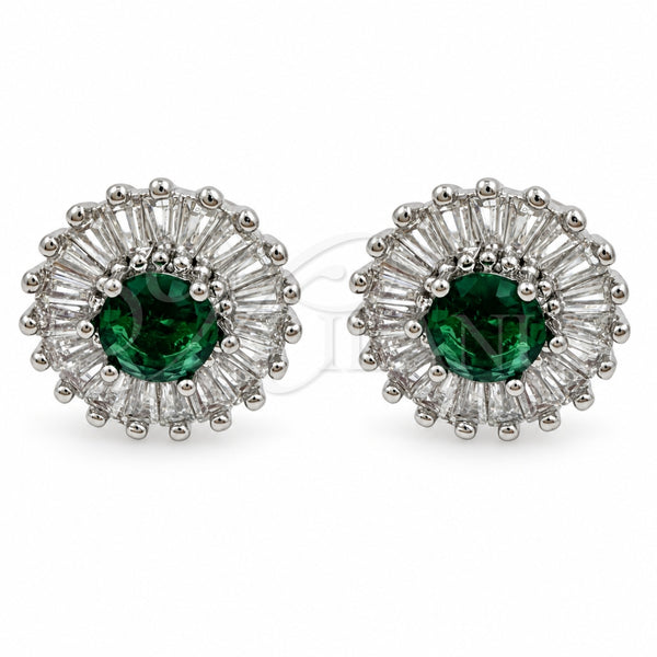 White Gold Filled Stud Earring, Cluster and Baguette Design, with Green and White Cubic Zirconia, Polished, Rhodium Finish, 02.344.0174.2