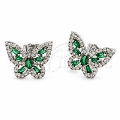 White Gold Filled Stud Earring, Butterfly and Baguette Design, with Green and White Cubic Zirconia, Polished, Rhodium Finish, 02.344.0180.3