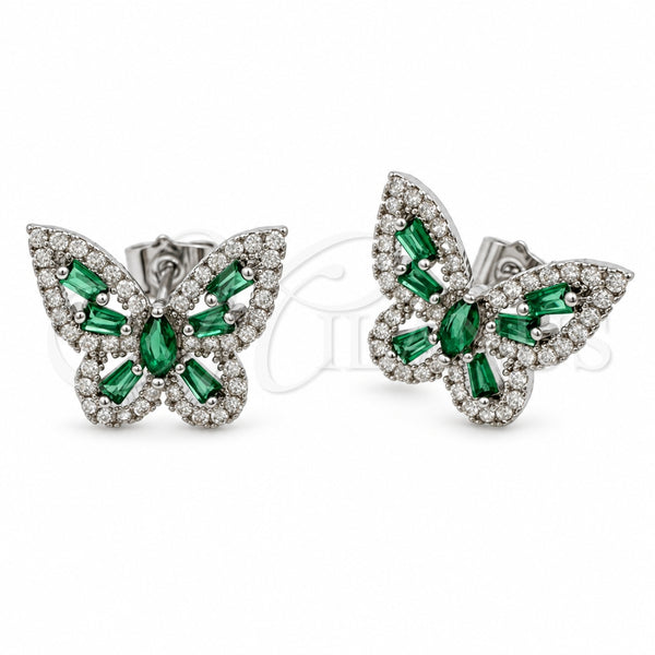 White Gold Filled Stud Earring, Butterfly and Baguette Design, with Green and White Cubic Zirconia, Polished, Rhodium Finish, 02.344.0180.3