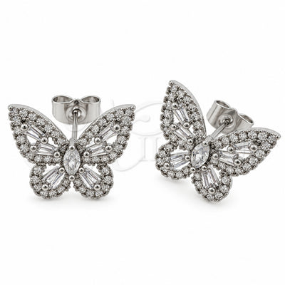 White Gold Filled Stud Earring, Butterfly and Baguette Design, with White Cubic Zirconia, Polished, Rhodium Finish, 02.344.0180.5