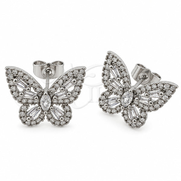 White Gold Filled Stud Earring, Butterfly and Baguette Design, with White Cubic Zirconia, Polished, Rhodium Finish, 02.344.0180.5