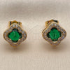 Oro Laminado Stud Earring, Gold Filled Style Four-leaf Clover and Cluster Design, with Green Cubic Zirconia and White Micro Pave, Polished, Golden Finish, 02.283.0151.7
