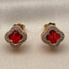 Oro Laminado Stud Earring, Gold Filled Style Four-leaf Clover and Cluster Design, with Garnet Cubic Zirconia and White Micro Pave, Polished, Golden Finish, 02.283.0151.8