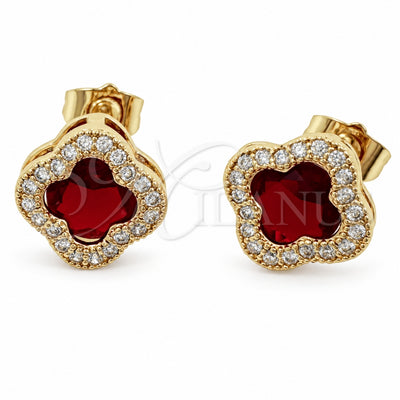 Oro Laminado Stud Earring, Gold Filled Style Four-leaf Clover and Cluster Design, with Garnet Cubic Zirconia and White Micro Pave, Polished, Golden Finish, 02.283.0151.8