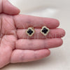 Oro Laminado Stud Earring, Gold Filled Style Four-leaf Clover and Cluster Design, with Black Cubic Zirconia and White Micro Pave, Polished, Golden Finish, 02.283.0151.9