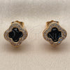 Oro Laminado Stud Earring, Gold Filled Style Four-leaf Clover and Cluster Design, with Black Cubic Zirconia and White Micro Pave, Polished, Golden Finish, 02.283.0151.9