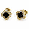 Oro Laminado Stud Earring, Gold Filled Style Four-leaf Clover and Cluster Design, with Black Cubic Zirconia and White Micro Pave, Polished, Golden Finish, 02.283.0151.9