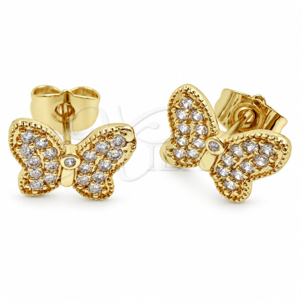 Oro Laminado Stud Earring, Gold Filled Style Butterfly Design, with White Cubic Zirconia, Polished, Golden Finish, 02.344.0259