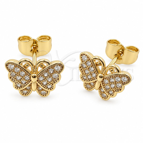 Oro Laminado Stud Earring, Gold Filled Style Butterfly Design, with White Micro Pave, Polished, Golden Finish, 02.344.0210.1
