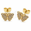 Oro Laminado Stud Earring, Gold Filled Style Butterfly Design, with White Micro Pave, Polished, Golden Finish, 02.344.0210.1