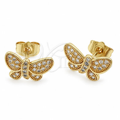 Oro Laminado Stud Earring, Gold Filled Style Butterfly Design, with White Cubic Zirconia, Polished, Golden Finish, 02.344.0261