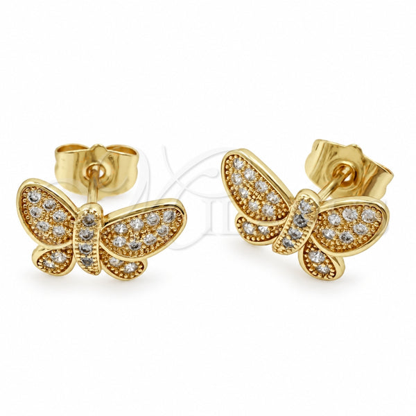 Oro Laminado Stud Earring, Gold Filled Style Butterfly Design, with White Cubic Zirconia, Polished, Golden Finish, 02.344.0261