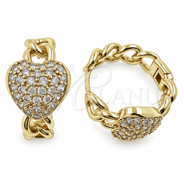 Oro Laminado Huggie Hoop, Gold Filled Style Heart and Miami Cuban Design, with White Cubic Zirconia, Polished, Golden Finish, 02.474.0004.25
