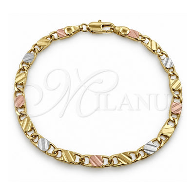 Oro Laminado Fancy Bracelet, Gold Filled Style Mariner Design, Diamond Cutting Finish, Tricolor, 04.213.0389.07 (04 MM Thickness, 7 Inches Length)
