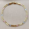 Oro Laminado Fancy Bracelet, Gold Filled Style Miami Cuban and Mariner Design, Diamond Cutting Finish, Tricolor, 04.213.0390.07 (Thickness, 8 Inches Length)