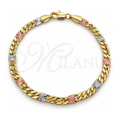 Oro Laminado Fancy Bracelet, Gold Filled Style Miami Cuban and Mariner Design, Diamond Cutting Finish, Tricolor, 04.213.0390.07 (Thickness, 8 Inches Length)