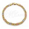 Oro Laminado Fancy Bracelet, Gold Filled Style Miami Cuban and Mariner Design, Diamond Cutting Finish, Tricolor, 04.213.0390.07 (Thickness, 8 Inches Length)