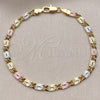 Oro Laminado Fancy Bracelet, Gold Filled Style Diamond Cutting Finish, Tricolor, 04.213.0391.07 (Thickness, 8 Inches Length)