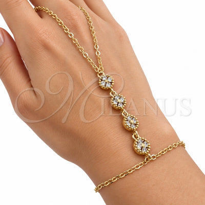 Oro Laminado Fancy Bracelet, Gold Filled Style Four-leaf Clover and Rolo Design, with White Cubic Zirconia, Polished, Golden Finish, 03.60.0192.07 (02 MM Thickness, 7 Inches Length)