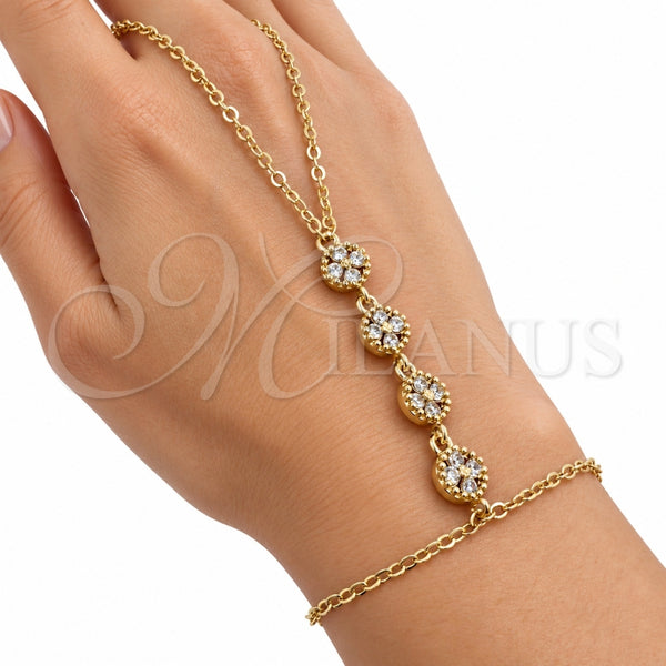 Oro Laminado Fancy Bracelet, Gold Filled Style Four-leaf Clover and Rolo Design, with White Cubic Zirconia, Polished, Golden Finish, 03.60.0192.07 (02 MM Thickness, 7 Inches Length)