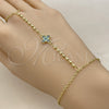 Oro Laminado Fancy Bracelet, Gold Filled Style Four-leaf Clover and Ball Design, with Sapphire Blue and Turquoise Cubic Zirconia, Polished, Golden Finish, 03.60.0202.07 (Thickness, 8 Inches Length)