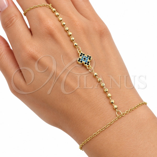 Oro Laminado Fancy Bracelet, Gold Filled Style Four-leaf Clover and Ball Design, with Sapphire Blue and Turquoise Cubic Zirconia, Polished, Golden Finish, 03.60.0202.07 (Thickness, 8 Inches Length)