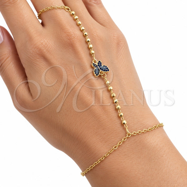 Oro Laminado Fancy Bracelet, Gold Filled Style Butterfly and Ball Design, with Sapphire Blue and Turquoise Micro Pave, Polished, Golden Finish, 03.60.0203.07 (Thickness, 8 Inches Length)