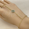Oro Laminado Fancy Bracelet, Gold Filled Style Four-leaf Clover and Ball Design, with Turquoise and Sapphire Blue Cubic Zirconia, Polished, Golden Finish, 03.60.0204.07 (Thickness, 8 Inches Length)