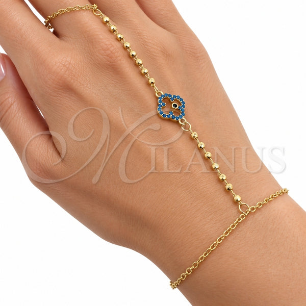 Oro Laminado Fancy Bracelet, Gold Filled Style Four-leaf Clover and Ball Design, with Turquoise and Sapphire Blue Cubic Zirconia, Polished, Golden Finish, 03.60.0204.07 (Thickness, 8 Inches Length)