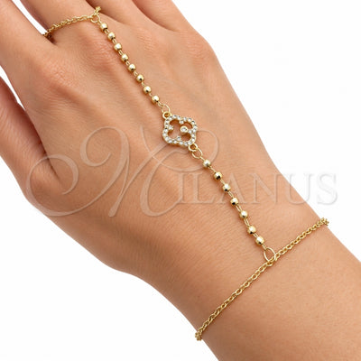 Oro Laminado Fancy Bracelet, Gold Filled Style Four-leaf Clover and Ball Design, with White Cubic Zirconia, Polished, Golden Finish, 03.60.0204.1.07 (Thickness, 8 Inches Length)