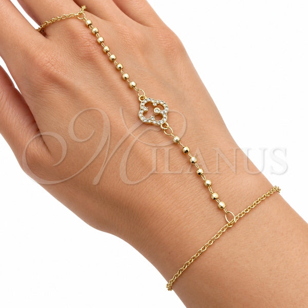 Oro Laminado Fancy Bracelet, Gold Filled Style Four-leaf Clover and Ball Design, with White Cubic Zirconia, Polished, Golden Finish, 03.60.0204.1.07 (Thickness, 8 Inches Length)