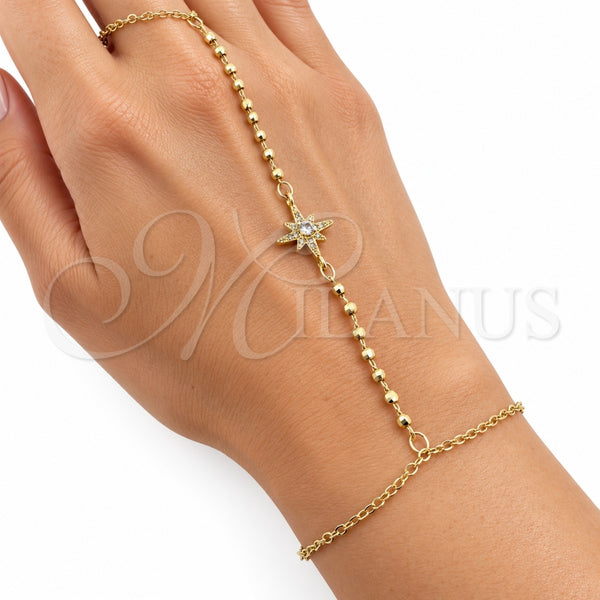Oro Laminado Fancy Bracelet, Gold Filled Style Star and Ball Design, with White Cubic Zirconia and White Micro Pave, Polished, Golden Finish, 03.60.0205.07 (Thickness, 8 Inches Length)