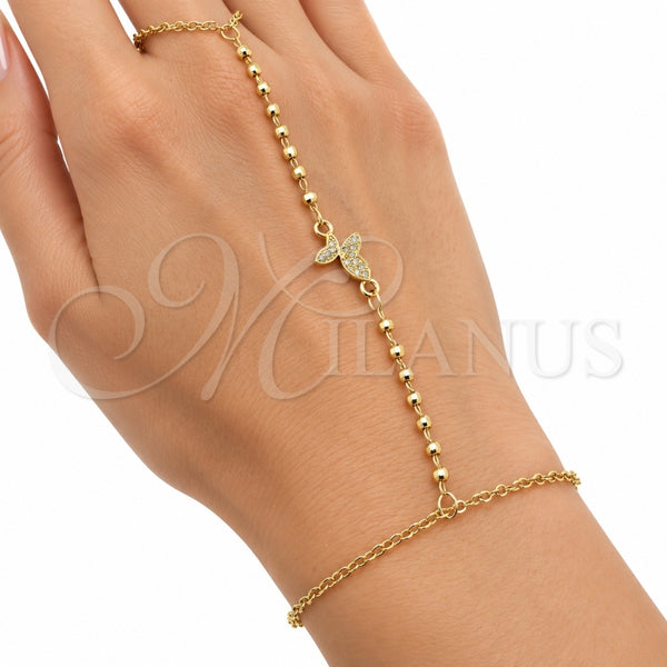 Oro Laminado Fancy Bracelet, Gold Filled Style Butterfly and Ball Design, with White Micro Pave, Polished, Golden Finish, 03.60.0206.07 (Thickness, 8 Inches Length)