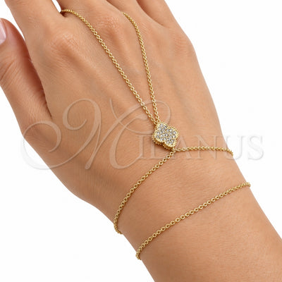 Oro Laminado Fancy Bracelet, Gold Filled Style Four-leaf Clover and Rolo Design, with White Cubic Zirconia, Polished, Golden Finish, 03.60.0209.14 (01 MM Thickness, 14 Inches Length)