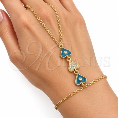 Oro Laminado Fancy Bracelet, Gold Filled Style Heart and Rolo Design, with White Cubic Zirconia, Turquoise Enamel Finish, Golden Finish, 03.60.0211.07 (02 MM Thickness, 7 Inches Length)