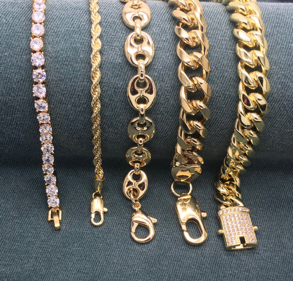 Men's gold layered bracelet assortment kit, five wholesale styles — SKU 132089