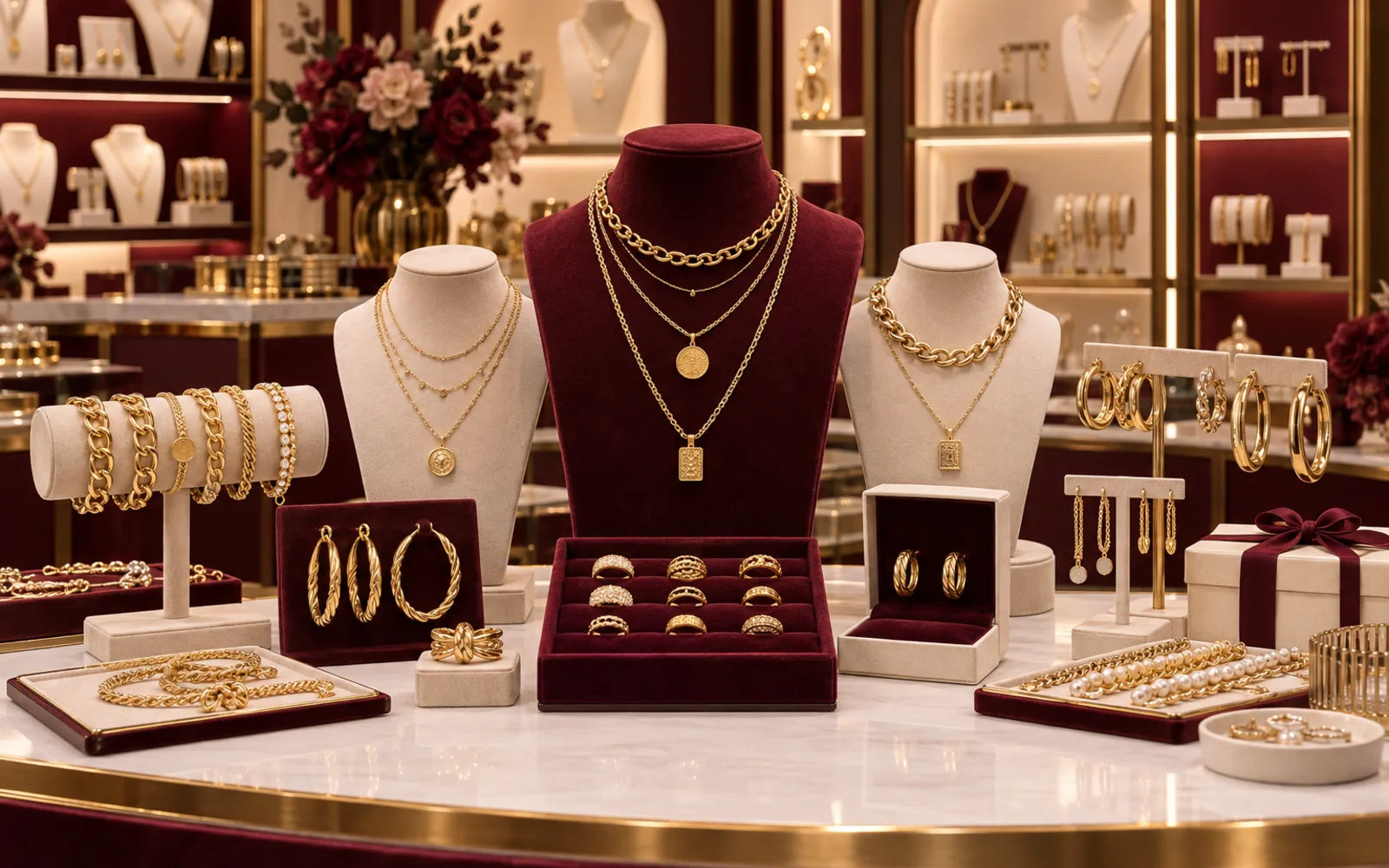 Best-selling wholesale gold jewelry boutique display with hoops, chains, bracelets, rings and necklaces