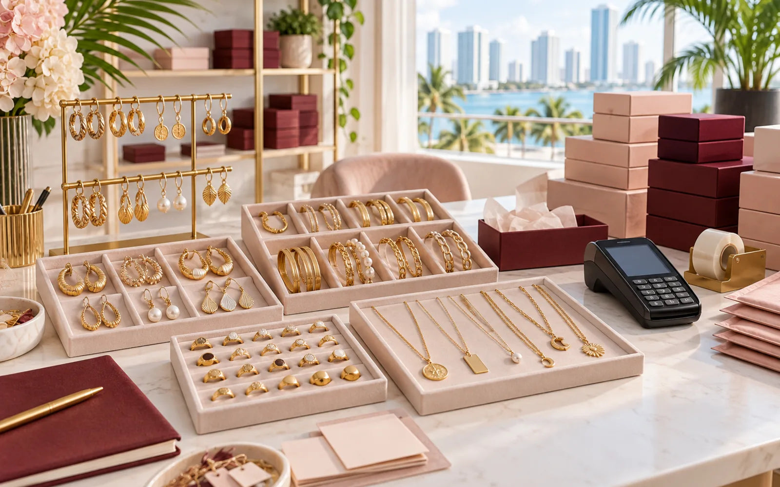 Small jewelry business startup inventory with coordinated wholesale trays, packaging and card terminal