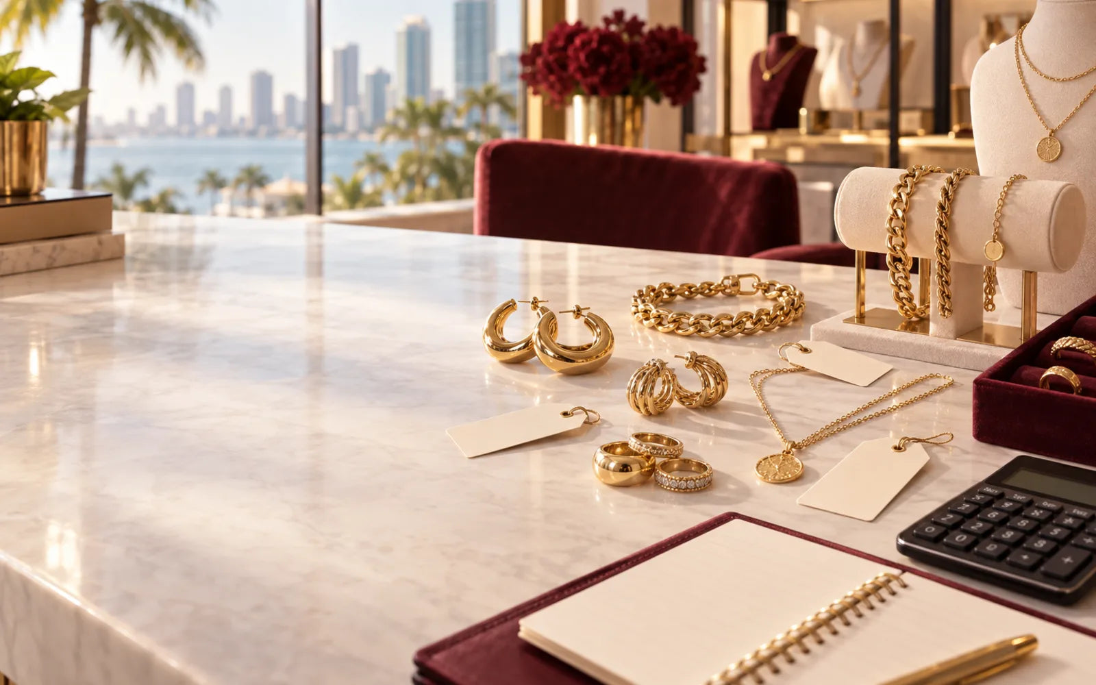 Gold jewelry resale pricing workspace with calculator, blank price tags and wholesale assortment in Miami
