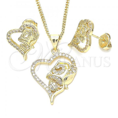 Oro Laminado Earring and Pendant Adult Set, Gold Filled Style Heart and Flower Design, with White Cubic Zirconia, Polished, Golden Finish, 10.199.0151