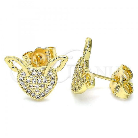 Oro Laminado Stud Earring, Gold Filled Style Heart Design, with White Micro Pave, Polished, Golden Finish, 02.156.0514