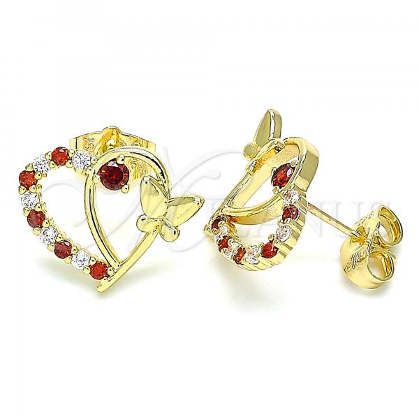 Oro Laminado Stud Earring, Gold Filled Style Heart and Butterfly Design, with Garnet and White Cubic Zirconia, Polished, Golden Finish, 02.195.0126.1