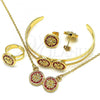 Oro Laminado Earring and Pendant Children Set, Gold Filled Style Flower Design, Red Enamel Finish, Golden Finish, 06.361.0004