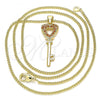 Oro Laminado Pendant Necklace, Gold Filled Style key and Heart Design, with Garnet Micro Pave, Polished, Golden Finish, 04.344.0016.1.20