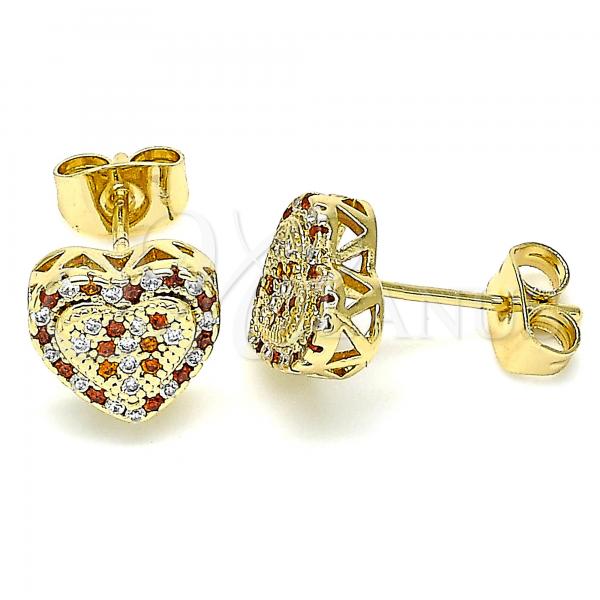 Oro Laminado Stud Earring, Gold Filled Style Heart Design, with Garnet and White Micro Pave, Polished, Golden Finish, 02.344.0018.2