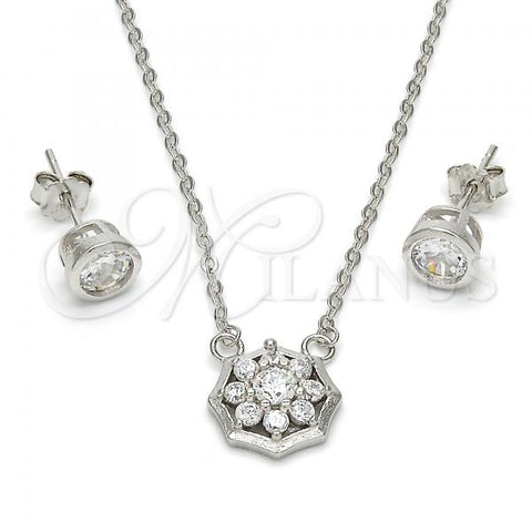 Sterling Silver Earring and Pendant Adult Set, Flower Design, with White Cubic Zirconia, Polished, Rhodium Finish, 10.186.0008