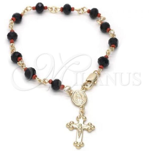 Oro Laminado Bracelet Rosary, Gold Filled Style Guadalupe and Crucifix Design, with Black and Orange Red Azavache, Polished, Golden Finish, 09.63.0109.1.08